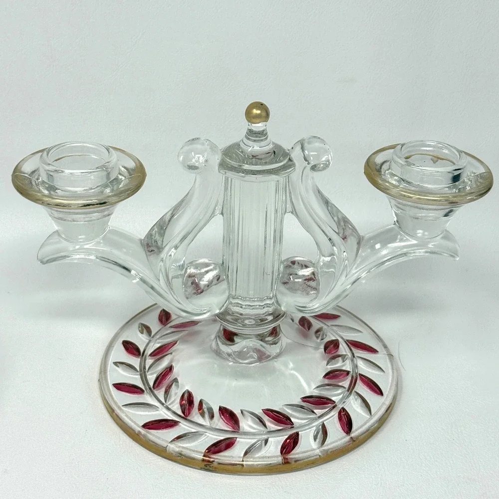 Indiana Glass Laurel‎ Double Arm Candle Holder Set 2 Gold Red Trim Accent 40s